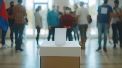 Naklejka premium Several individuals standing in a circle around a ballot box, possibly engaged in voting or discussion