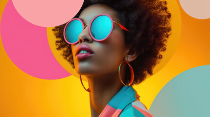 A stylish woman with afro hair wearing round pink sunglasses poses with a confident attitude...