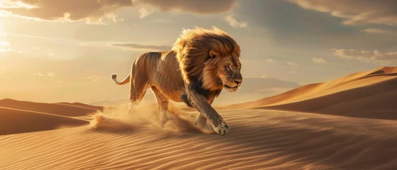 Fotobehang Lion strides powerfully through a desert, asserting its regal dominance. © Ai Studio