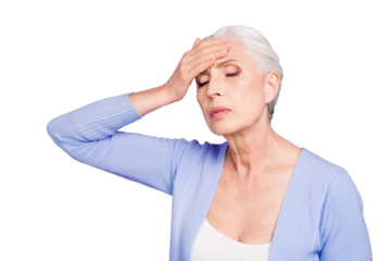 Beautiful nice gray-haired old lady wearing casual, suffering from headache. Isolated over pastel violet purple background