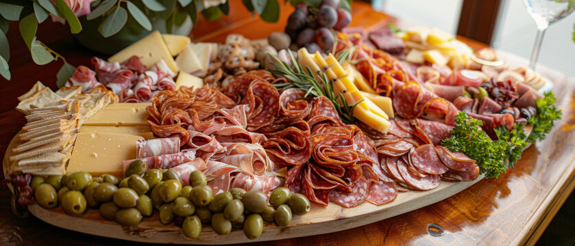A lavish charcuterie board teeming with assorted meats, cheeses, and olives, inviting indulgence.