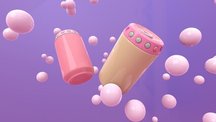 3d rendering picture of futuristic can on purple background with floating bubbles. Abstract wallpaper. Dynamic wallpaper. Modern cover design. 3D illustration.