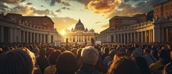 Sunset casting a golden hue over a captivated crowd at St. Peter's Square.