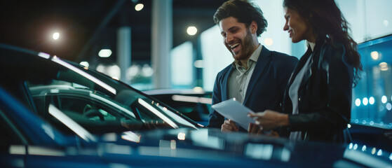 Joyful couple at a car dealership making a decision on a new vehicle. - obrazy, fototapety, plakaty