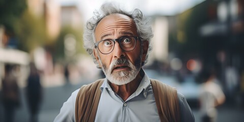 Elderly Man Displaying Signs of Cognitive Decline, Lost on City Street. Concept Dementia, Memory Loss, Elderly Care, City Life, Aging Population - obrazy, fototapety, plakaty