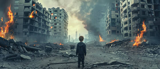Apocalyptic vision of a child facing a ravaged cityscape with determination. - obrazy, fototapety, plakaty