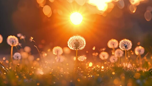 Dandelion field in beautiful colorful sunset. Fluffy dandelions glow in the rays of sunlight at sunset in nature on a meadow. Beautiful dandelion flowers in spring in a field close-up golden rays 4k 