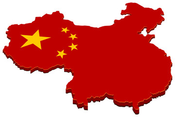 3D map of China in the colors of the red flag of the Chinese Communist Party (flat,cut out)