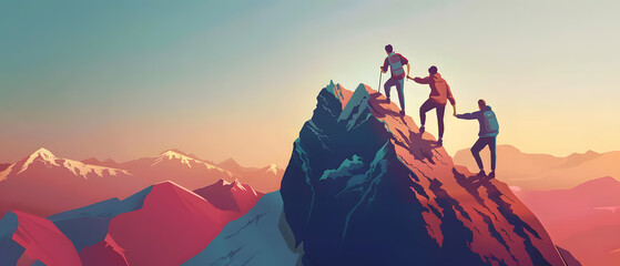 Teamwork friendship hiking help each other trust assistance silhouette in mountains, sunrise. Teamwork of two men hiker helping each other on top of mountain climbing team beautiful sunrise landscape - obrazy, fototapety, plakaty