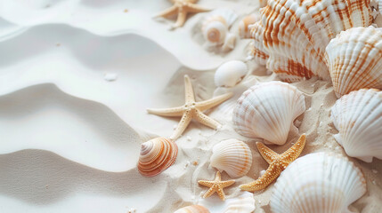 Fototapeta na wymiar background of sea shells close-up on white sea sand