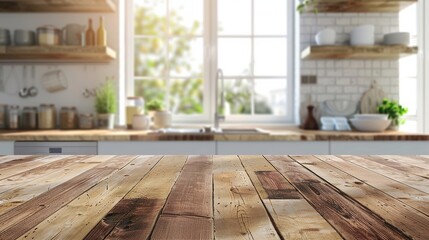 Wooden Kitchen Counter Top on Blurred Interior Background