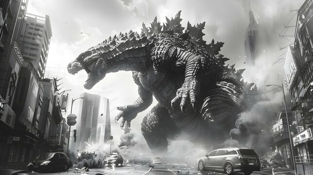Godzilla causing chaos in cityscape depicted in grayscale tones. Concept City Destruction, Godzilla, Grayscale, Chaos, Monster Fight