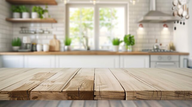 Wooden Kitchen Counter Top on Blurred Interior Background