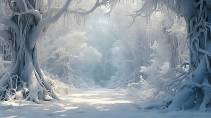 Winter forest with trees covered with snow and ice. 3d render