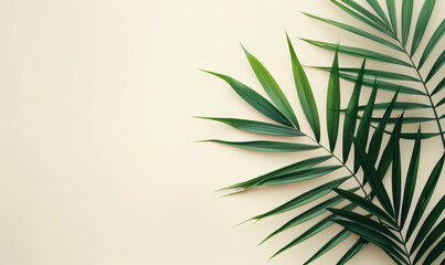 Border arrangement layout with tropical palm leaves on beige background. Summer concept backdrop with copy space, top view