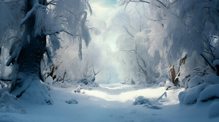 Frozen winter forest with snow covered trees. 3d illustration.