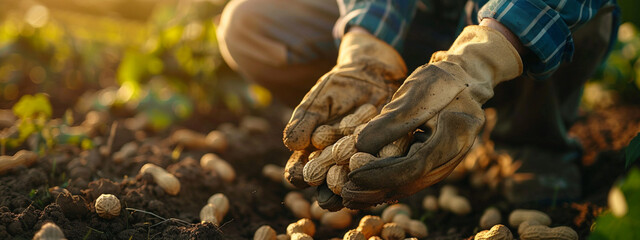 farmer collects peanuts close-up