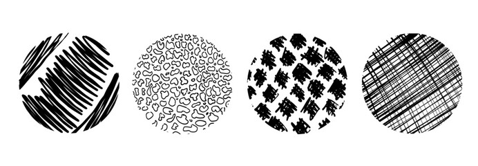 Black round stickers with various hand-drawn pencil crosshatch textures. Vector Naive Doodle Patterns. Design elements for social media posts