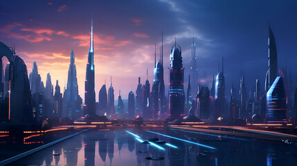 Fototapeta na wymiar Futuristic city at night. 3d rendering. Computer digital drawing.