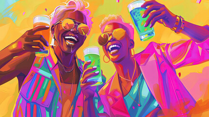 A painting depicting two individuals enjoying beer together in a social setting - obrazy, fototapety, plakaty