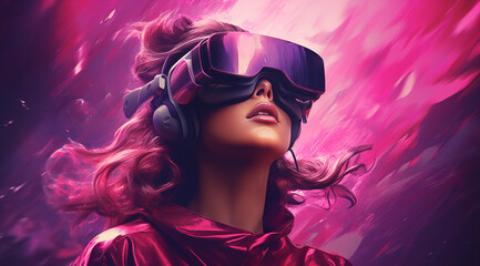 A woman wearing a virtual reality glasses