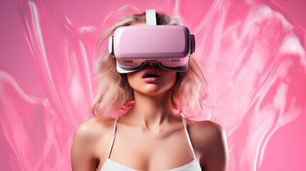 Fototapeta premium A woman wearing a virtual reality glasses