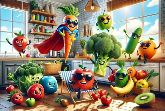 This AI-generated image presents a joyful scene of animated fruit and vegetable characters enjoying a sunny day in a cozy kitchen interior.