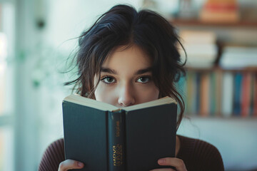 Womans face behind a book