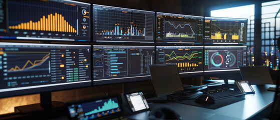 Advanced trading floor with multiple screens displaying dynamic financial data in a high-tech office. - obrazy, fototapety, plakaty
