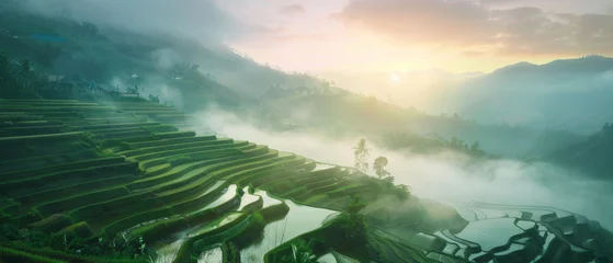 Zelfklevend Fotobehang Ethereal sunrise hues bathe terraced rice fields in a tranquil morning mist. © Ai Studio
