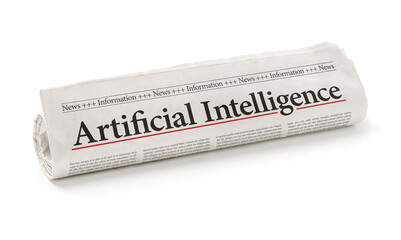 Rolled newspaper with the headline Artificial Intelligence