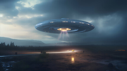 Obraz premium UFO flying in the night sky. 3D Rendering.