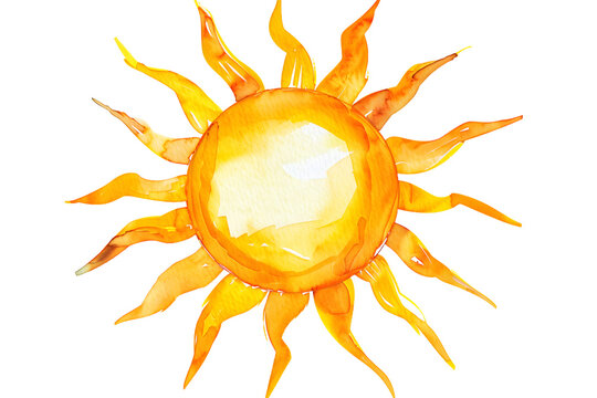 Bright Watercolor Sun Illustration - Isolated on White  Transparent Background
