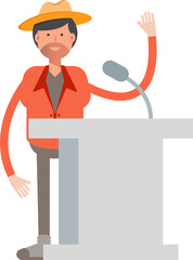 Farmer Character Speaking on Podium
