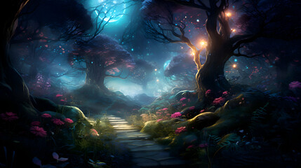 Obraz na płótnie Canvas Mystical dark forest. 3D illustration. Fantasy world.