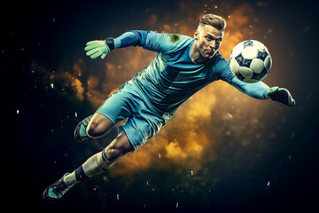 A mens soccer football goalkeeper diving to save the ball in a dramatic action shot in saving the cross or penalty and denying the goal being scored in a dynamic stadium