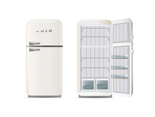 Modern fridges. Realistic coolers, refrigerators for home or restaurant kitchen and cold products storage. 3d Vector