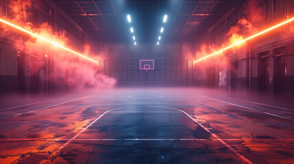 An atmospheric and futuristic basketball court illuminated by neon lights under a haze of dramatic smoke. - obrazy, fototapety, plakaty