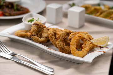 Deep fried calamari rings with sauce bowl serving on white plate in restaurant