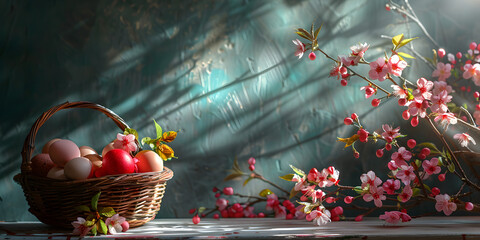basket of cherries Baby rabbit and painted eggs on background of pink flower
 - obrazy, fototapety, plakaty