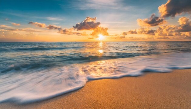 closeup sea waves sand beach panoramic beach landscape inspire tropical coast seascape horizon stunning sunset sunlight colors tranquil peaceful sky calm water happy positive vacation travel mood