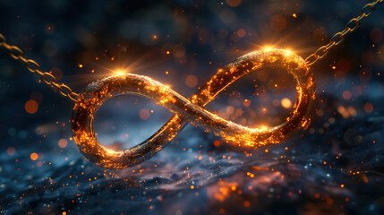 Glowing Golden Infinity Chain with Sparkling Particles. - obrazy, fototapety, plakaty