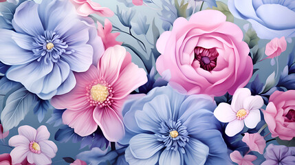 Seamless pattern with pink and blue flowers. Vector illustration.