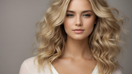 Fototapeta premium beautiful blonde woman with healthy skin looks at the camera and touches her face with her hands. natural makeup of a young beautiful model on a studio background with copy space. cosmetic concept
