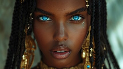 portrait of a woman, black model with braids looking beautiful in gold jewelry, blue eyes, in the style of brown and azure