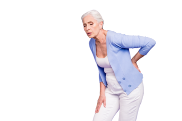 Gray haired old beautiful woman wearing casual suffering from back pain. Empty blank copy space. Isolated over violet pastel background