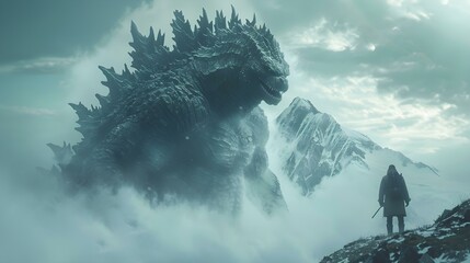 Enormous silhouette resembling a Godzillalike monster cast against a towering mountain peak. Concept Mountain Peak, Giant Monster, Enormous Silhouette, Dramatic Scene, Nature vs, Creature - obrazy, fototapety, plakaty