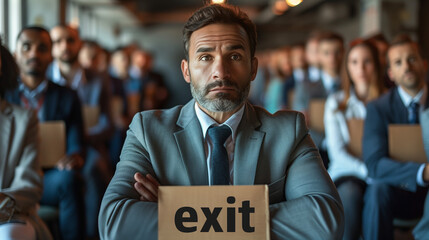 Sad worker in the office after being fired. "EXIT" sign. Concept of job dismissal, sadness and man losing job. Unemployment.