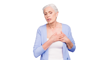 Gray haired old beautiful caucasian woman wearing casual suffering from heart pain, touching chest, closed eyes. Copy space. Isolated over violet pastel background