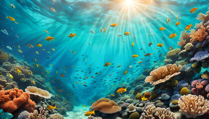 Naklejka na ściany i meble Korallen bunt Riff Korallenriff mit Fischen in türkis blauen Wasser in Meer und Ozean, wie Karibik mit Sonne Lichtstrahlen hell und lebendig voller Leben Aquarium Mehresbewohner Urlaub tauchen Hai